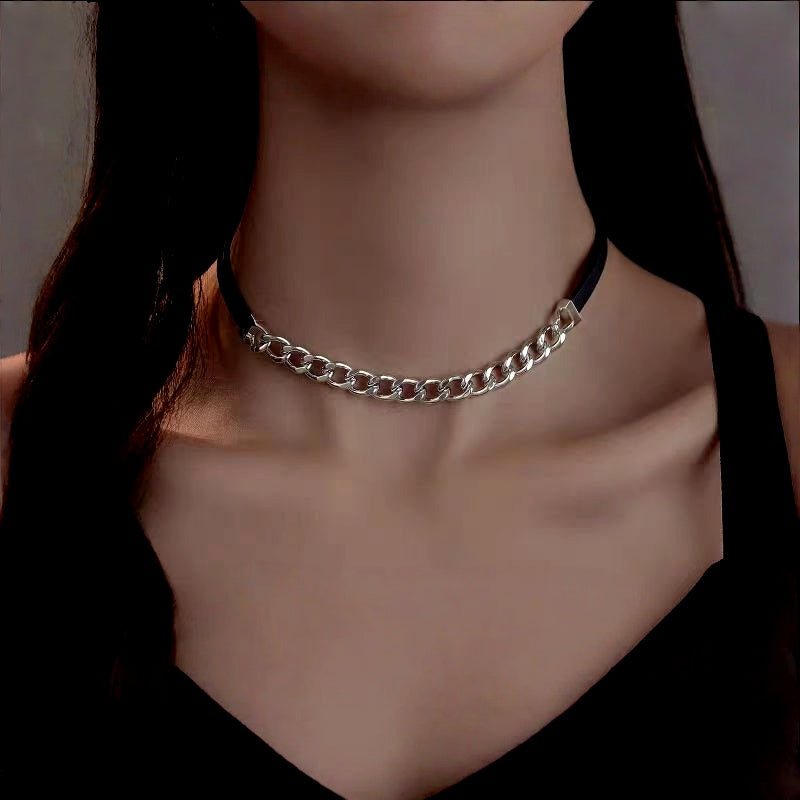 Elegant Black Leather Chain Choker