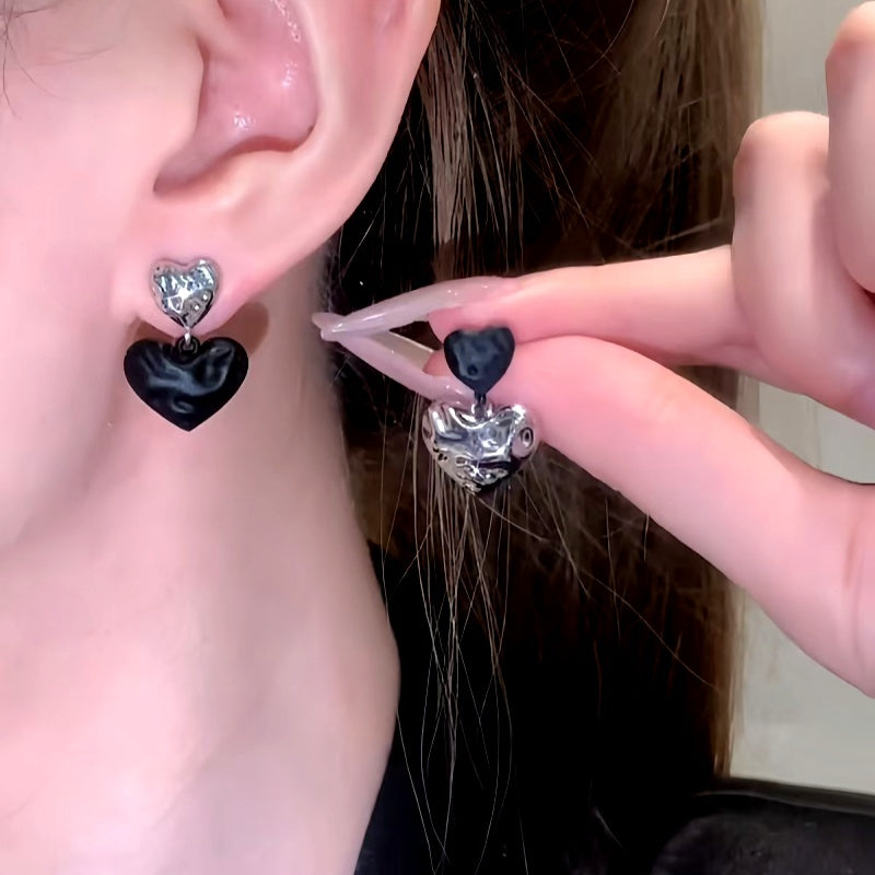 14K Gold-Plated 2025 Trendy Luxury Black And Silver Heart Earrings