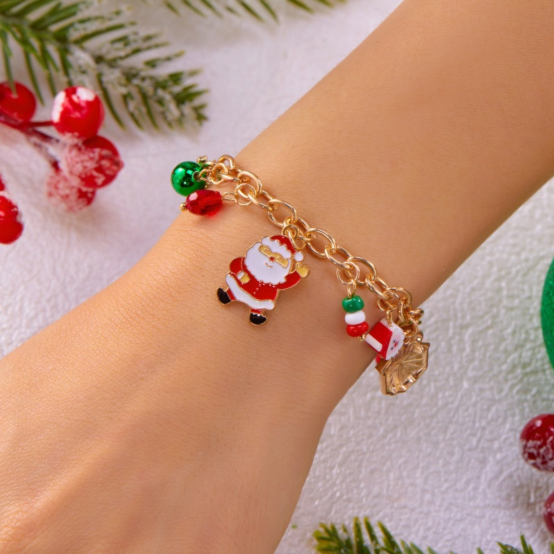 14K Gold-Plated Christmas Santa Claus Snowman Bell Pendant Bracelets
