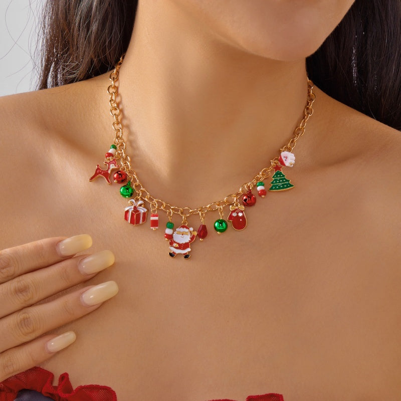 14K Gold-Plated Christmas Santa Claus Snowman Bell Pendant Necklace