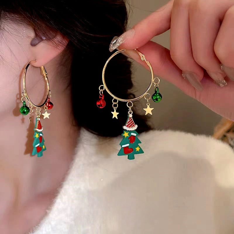 14K Gold-Plated Christmas Tree And Santa Claus Hoop Tassel Earrings
