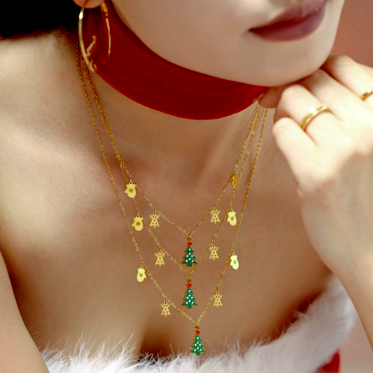 14K Gold-Plated Christmas Tree Gloves Elk Pendant Necklace