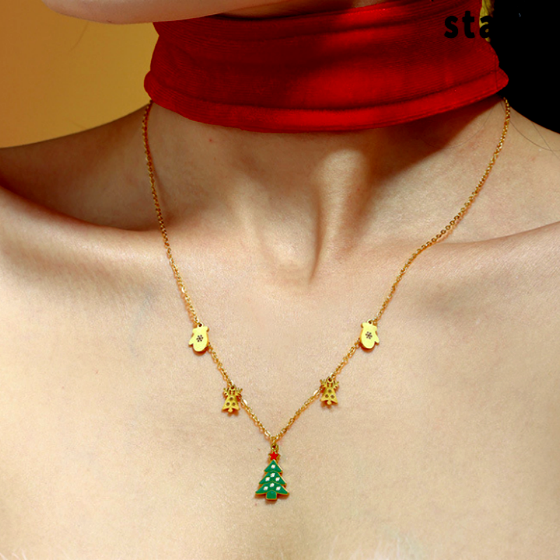 14K Gold-Plated Christmas Tree Gloves Elk Pendant Necklace