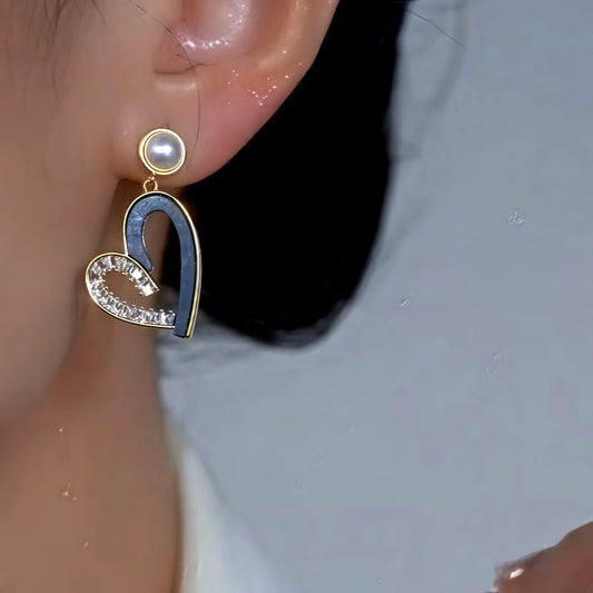 14K Gold-Plated Elegant Asymmetrical Zircon Diamond Heart Pearl Tassel Earrings