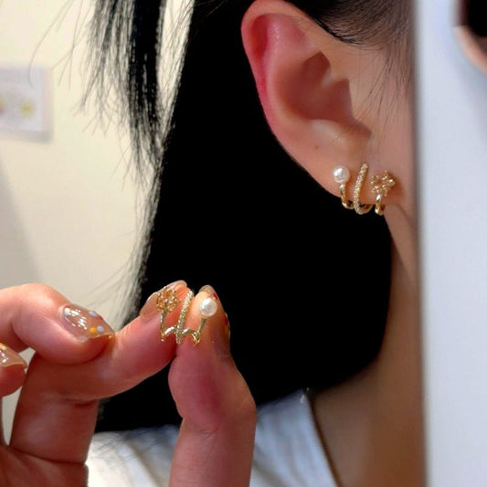 14K Gold-Plated Elegant Multi-Layer Zircon Star Pearl Stud Earrings