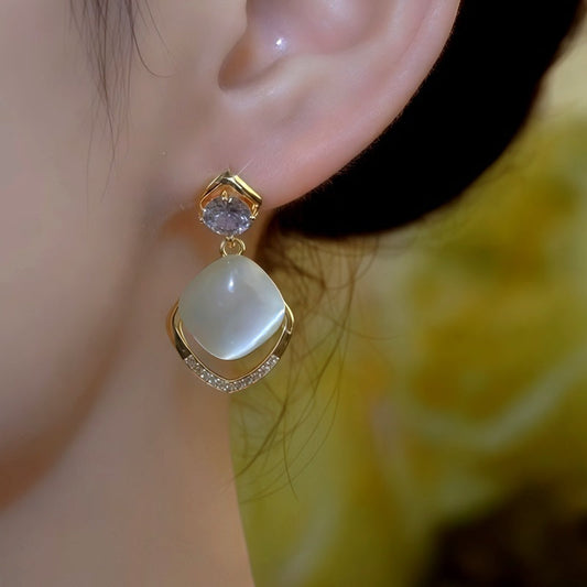 14K Gold-Plated Elegant Zircon Diamond Cat's Eye Stone Water Drop Earrings