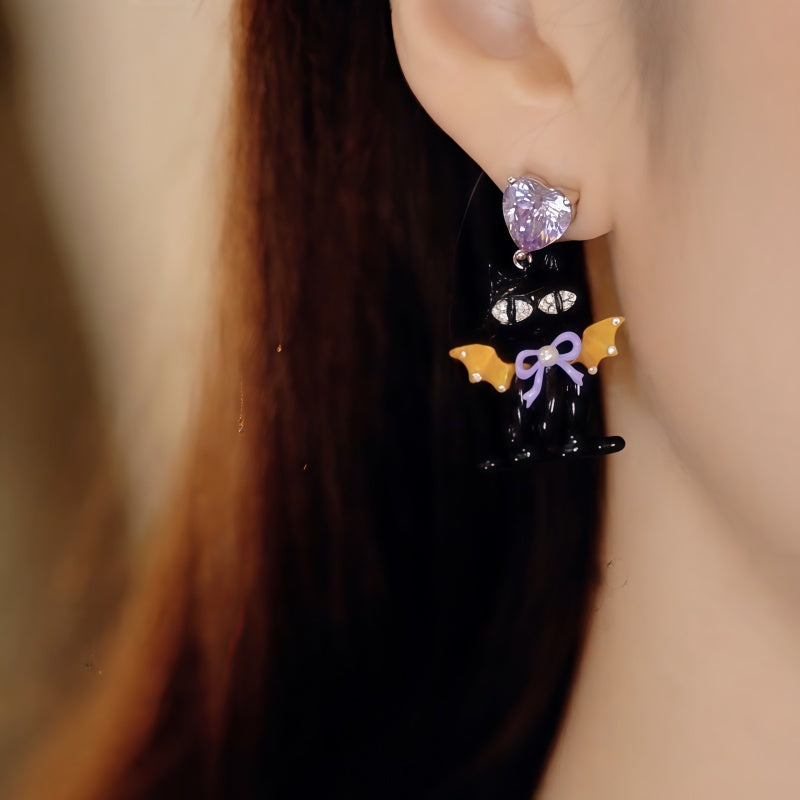 14K Gold-Plated Elegant Zircon Diamond Heart Halloween Kitty Earrings