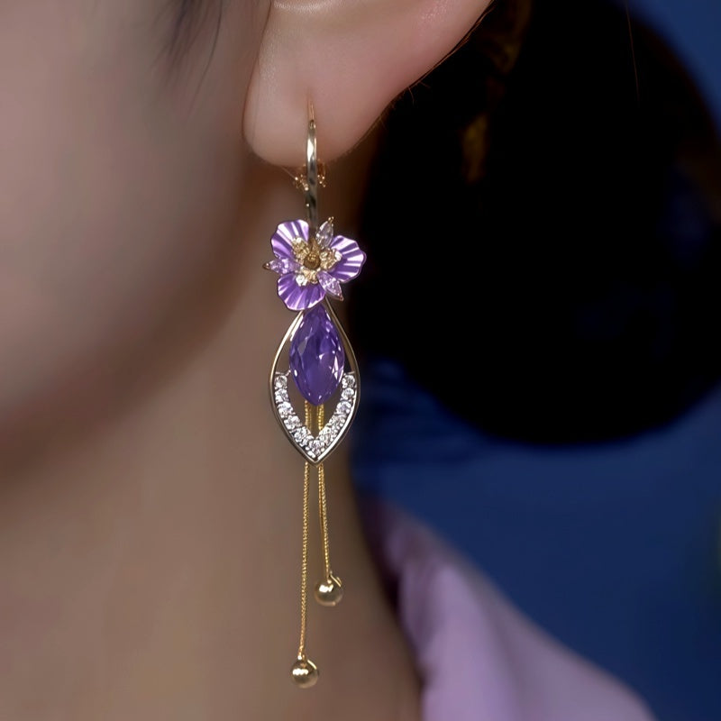 14K Gold-Plated Elegant Zircon Diamond Purple Diamond Flower Earrings