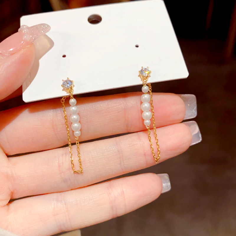 14K Gold-Plated Front and Back Zircon Pearl Tassel Earrings