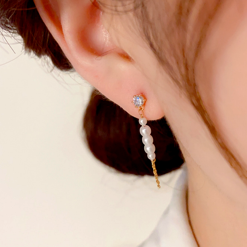 14K Gold-Plated Front and Back Zircon Pearl Tassel Earrings