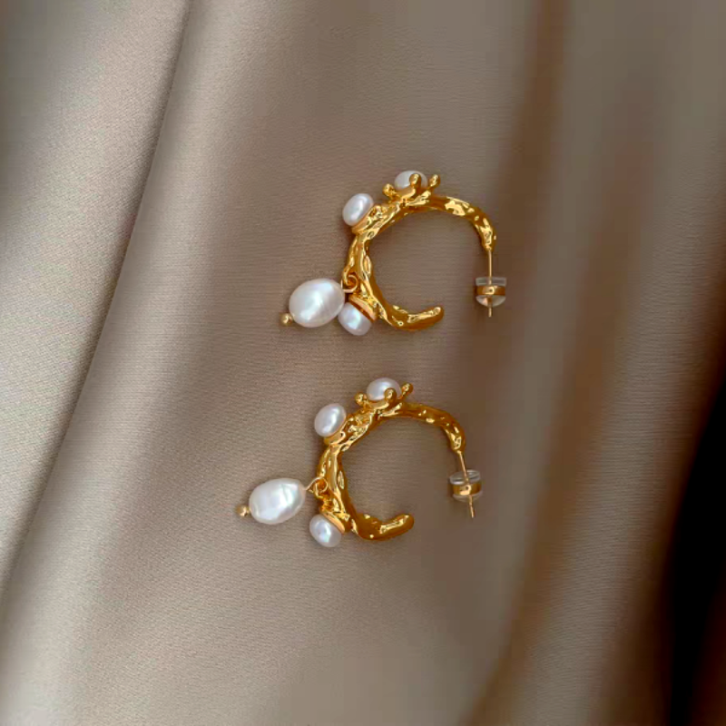 14K Gold-Plated Luxury C-Shaped Vintage Baroque Pearl Earrings