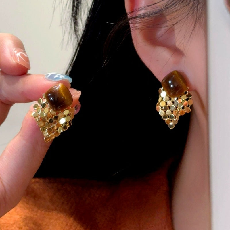 14K Gold-Plated Luxury Cat's Eye Stone Sequined Geometric Square Tassel Earrings