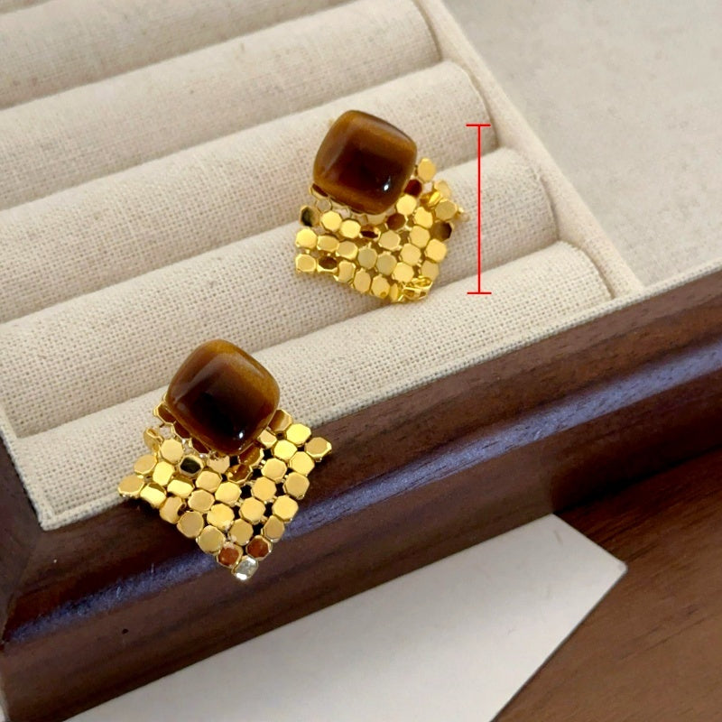 14K Gold-Plated Luxury Cat's Eye Stone Sequined Geometric Square Tassel Earrings