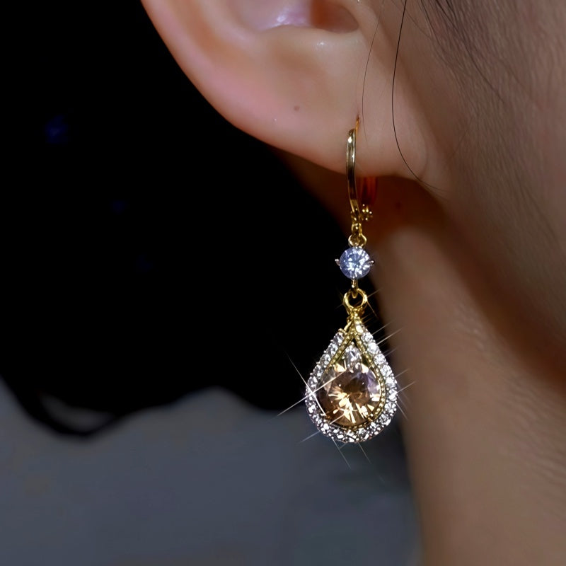 14K Gold-Plated Luxury Zircon Brown Diamond Water Drop Earrings