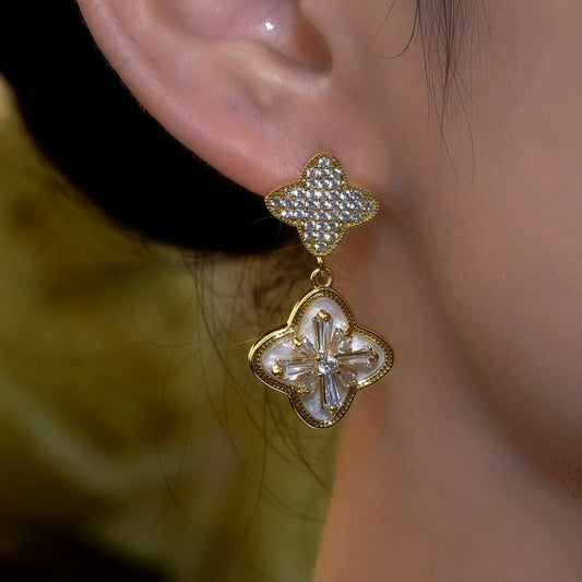 14K Gold-Plated Luxury Zircon Diamond Clover Earrings