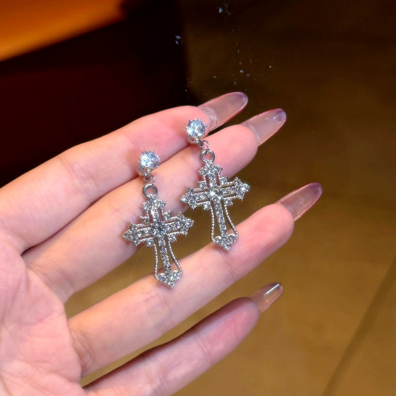 14K Gold-Plated Luxury Zircon Diamond Cross Earrings