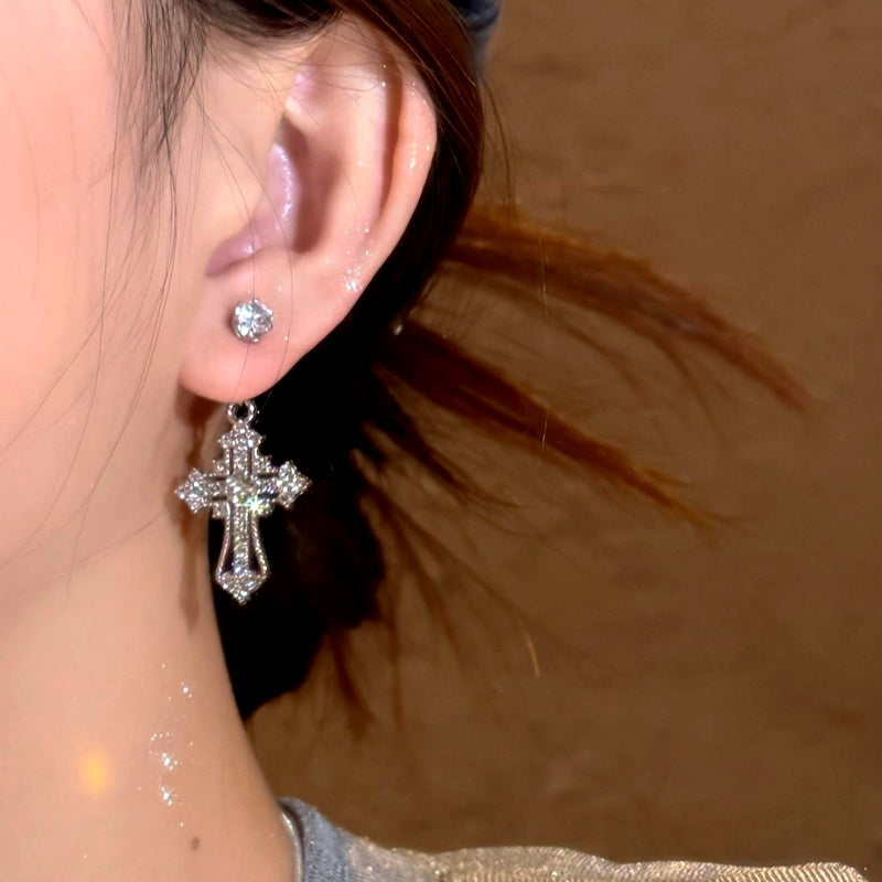 14K Gold-Plated Luxury Zircon Diamond Cross Earrings