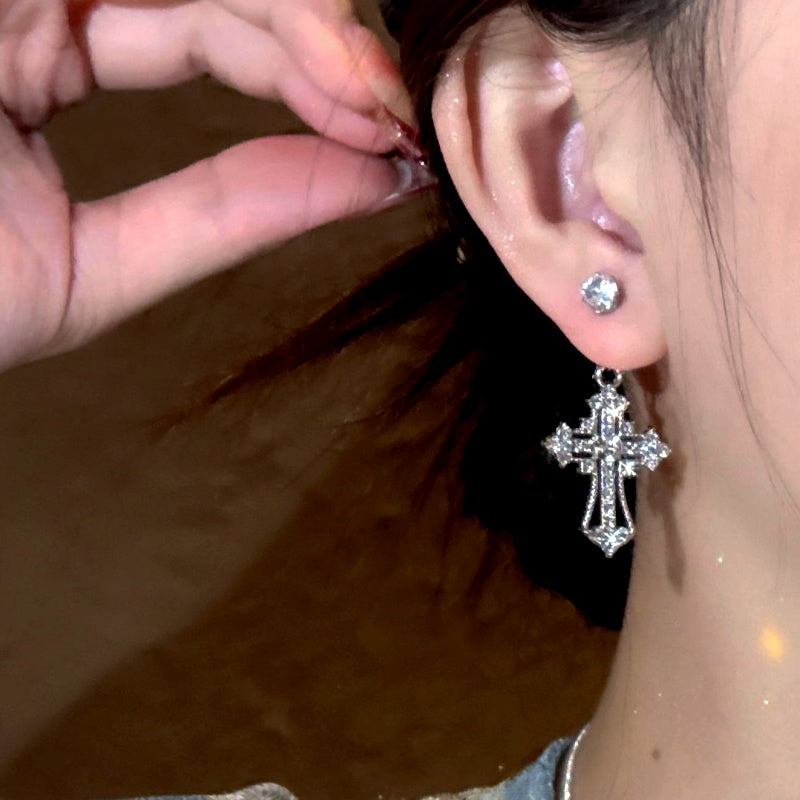 14K Gold-Plated Luxury Zircon Diamond Cross Earrings