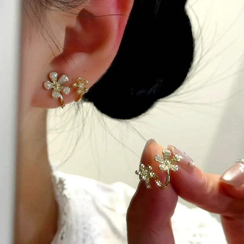 14K Gold-Plated Luxury Zircon Diamond Double-Layer Flower Stud Earrings