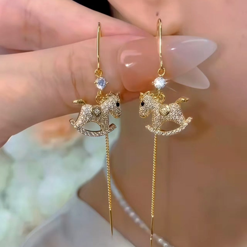 14K Gold-Plated Luxury Zircon Diamond Horse Threader Earrings