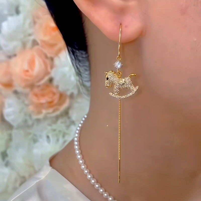 14K Gold-Plated Luxury Zircon Diamond Horse Threader Earrings