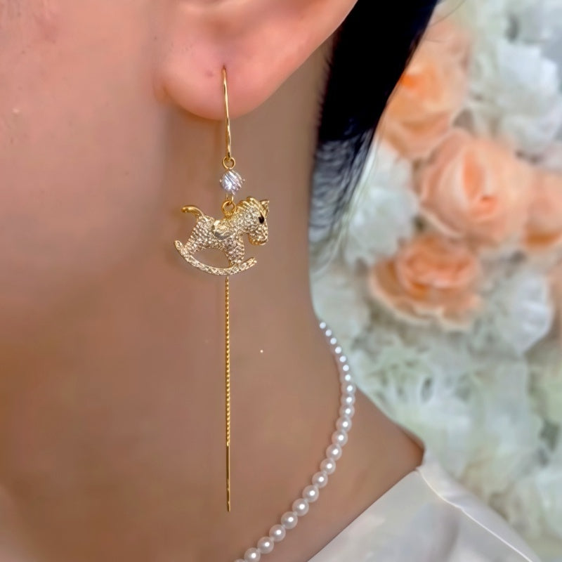 14K Gold-Plated Luxury Zircon Diamond Horse Threader Earrings