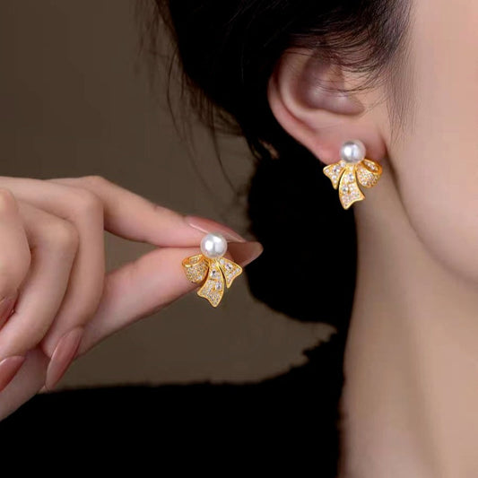 14K Gold-Plated Luxury Zircon Diamond Pearl Bow Earrings