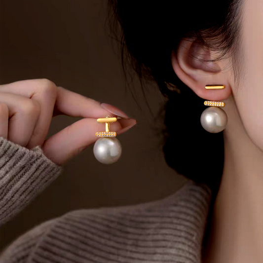 14K Gold-Plated Luxury Zircon Diamond T-Shaped Pearl Earrings