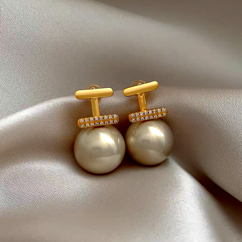 14K Gold-Plated Luxury Zircon Diamond T-Shaped Pearl Earrings
