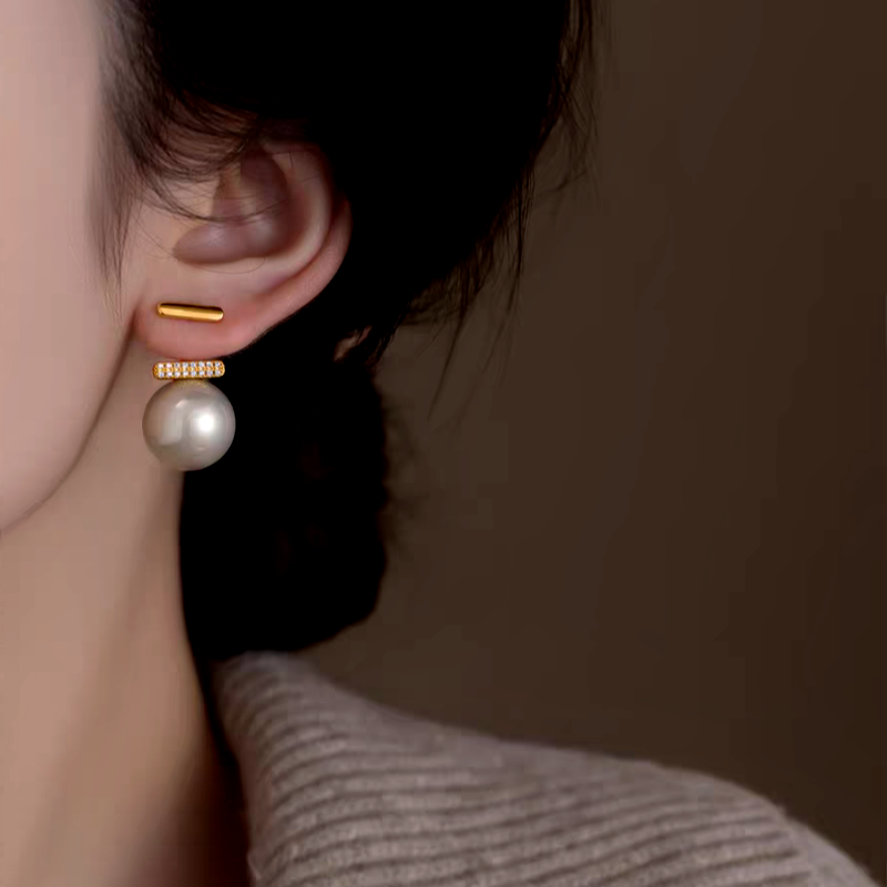 14K Gold-Plated Luxury Zircon Diamond T-Shaped Pearl Earrings