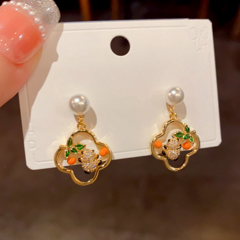 14K Gold-Plated Pearl Four-Leaf Flower Panda Earrings