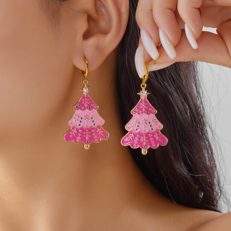 14K Gold-Plated Pink Christmas Tree Earrings And Necklace Set