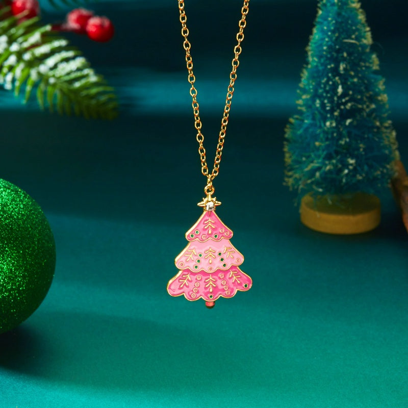 14K Gold-Plated Pink Christmas Tree Earrings And Necklace Set