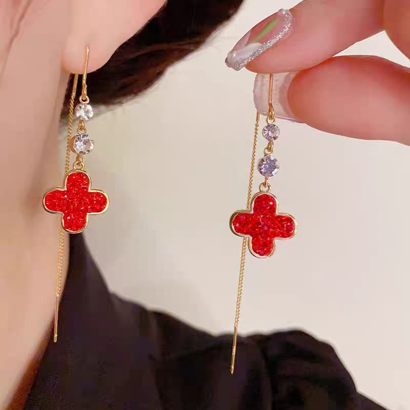 14K Gold-Plated Red Crystal Four Leaf Threader Earrings