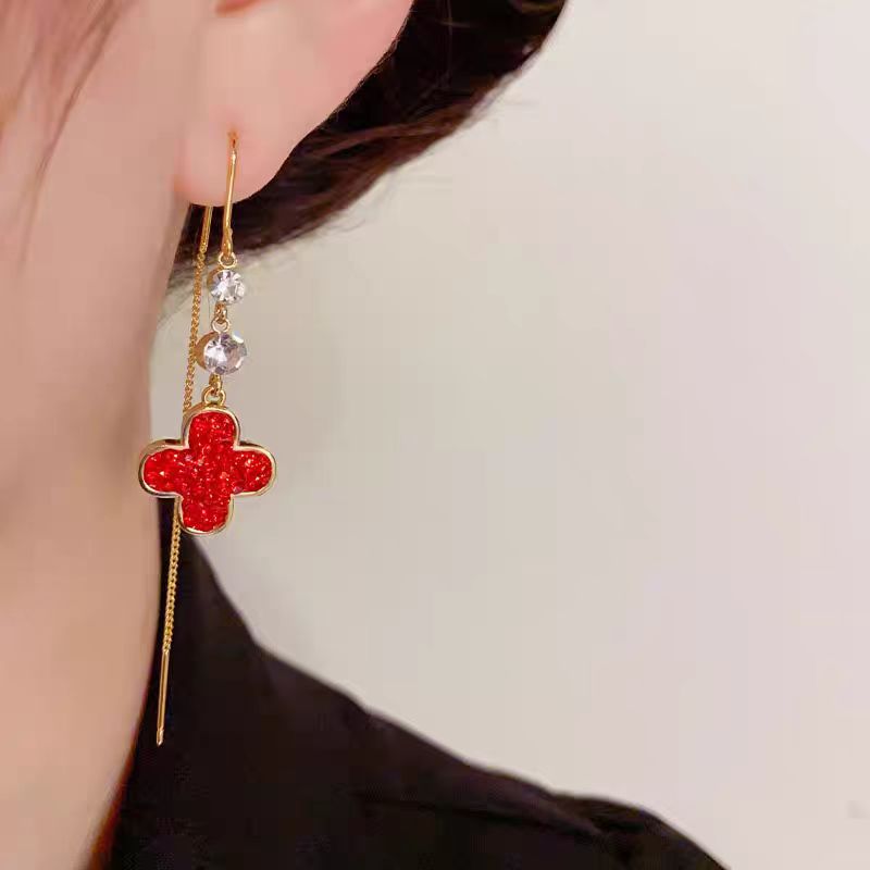 14K Gold-Plated Red Crystal Four Leaf Threader Earrings
