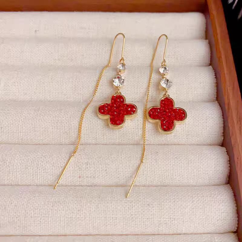 14K Gold-Plated Red Crystal Four Leaf Threader Earrings