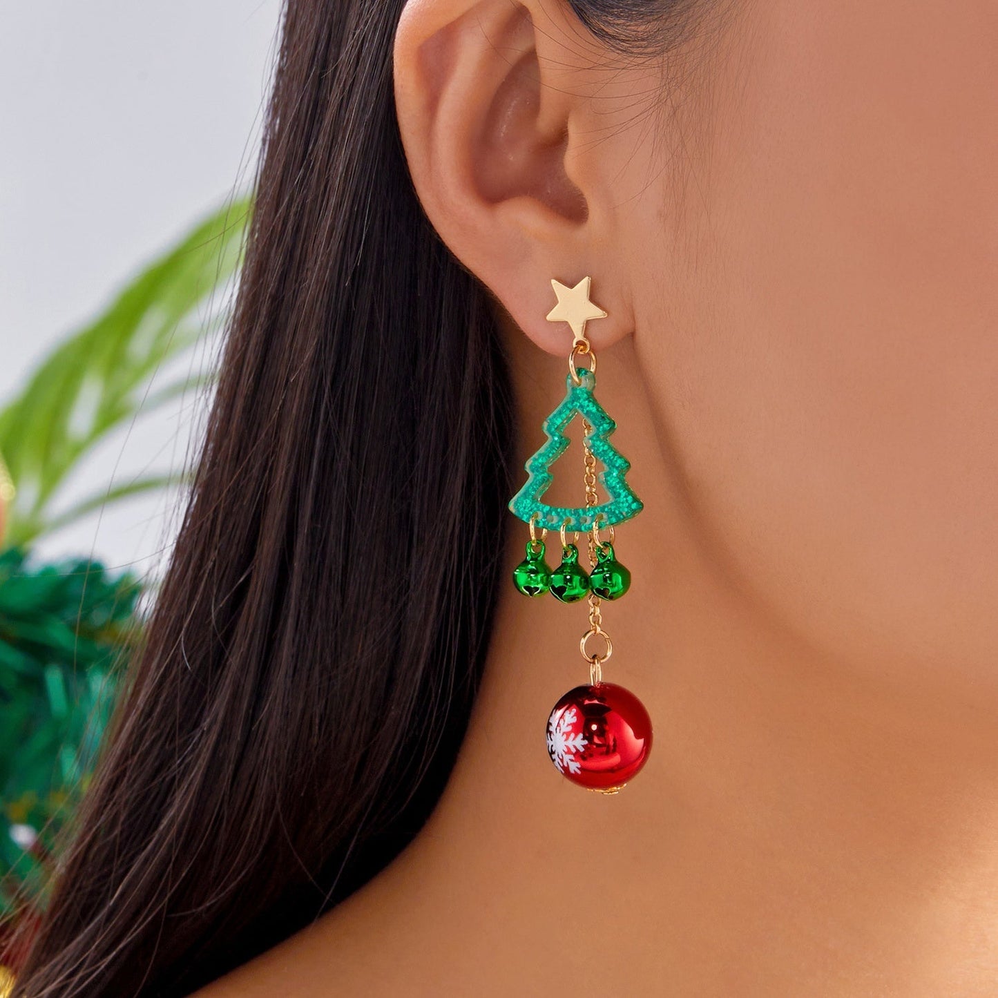 14K Gold-Plated Star Christmas Tree Bell Tassel Earrings