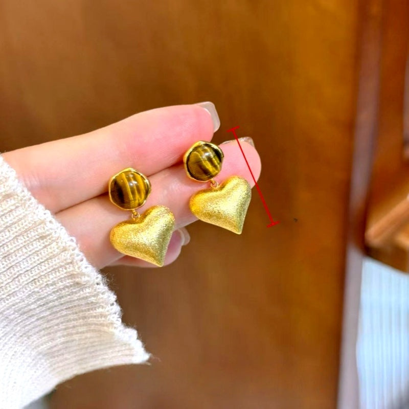 14K Gold-Plated Tiger Cat's Eye Stone Heart Earrings