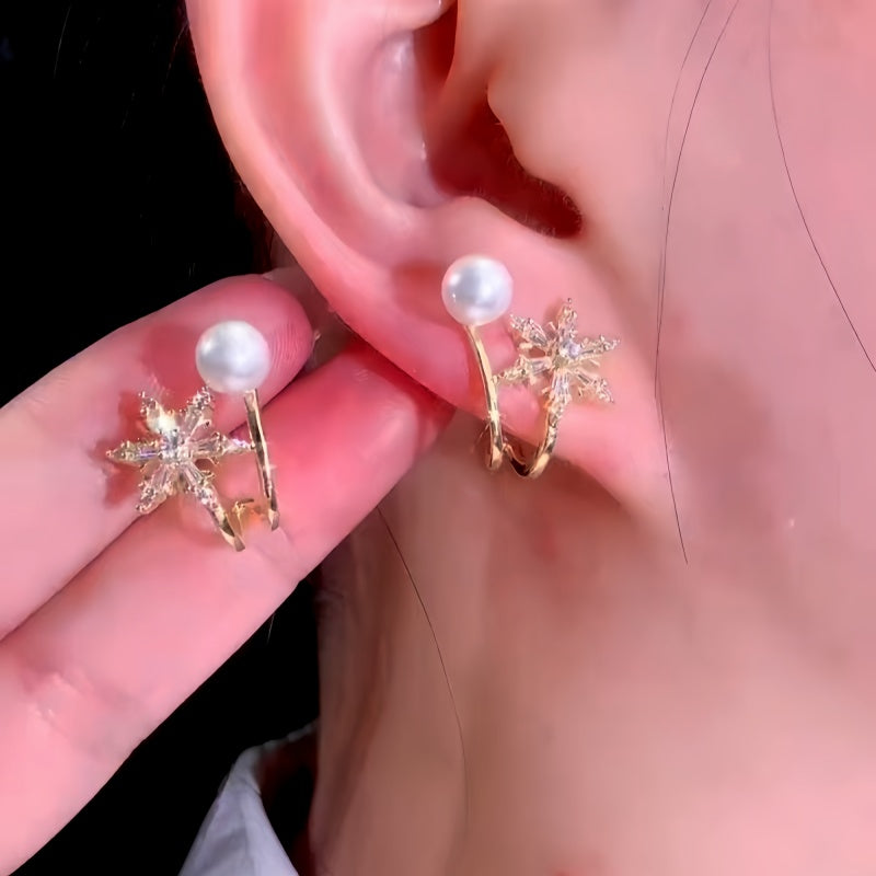 14K Gold-Plated Trendy Zircon Diamond Snowflake Pearl Stud Earrings