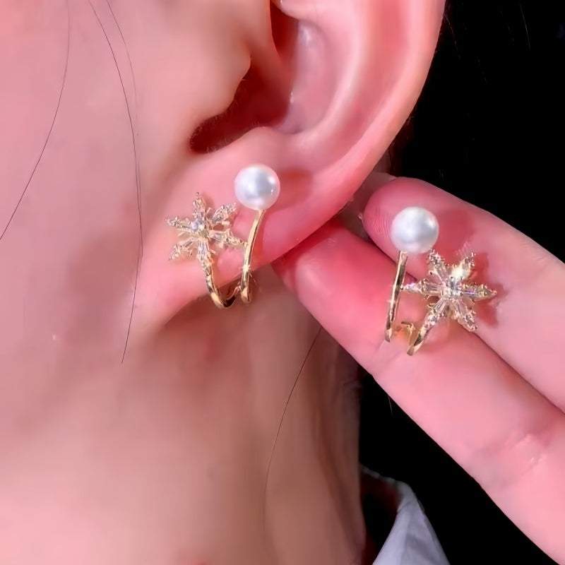 14K Gold-Plated Trendy Zircon Diamond Snowflake Pearl Stud Earrings