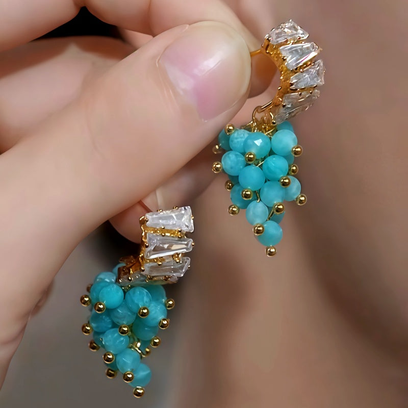 14K Gold-Plated Zircon Diamond Blue Beaded Tassel Earrings