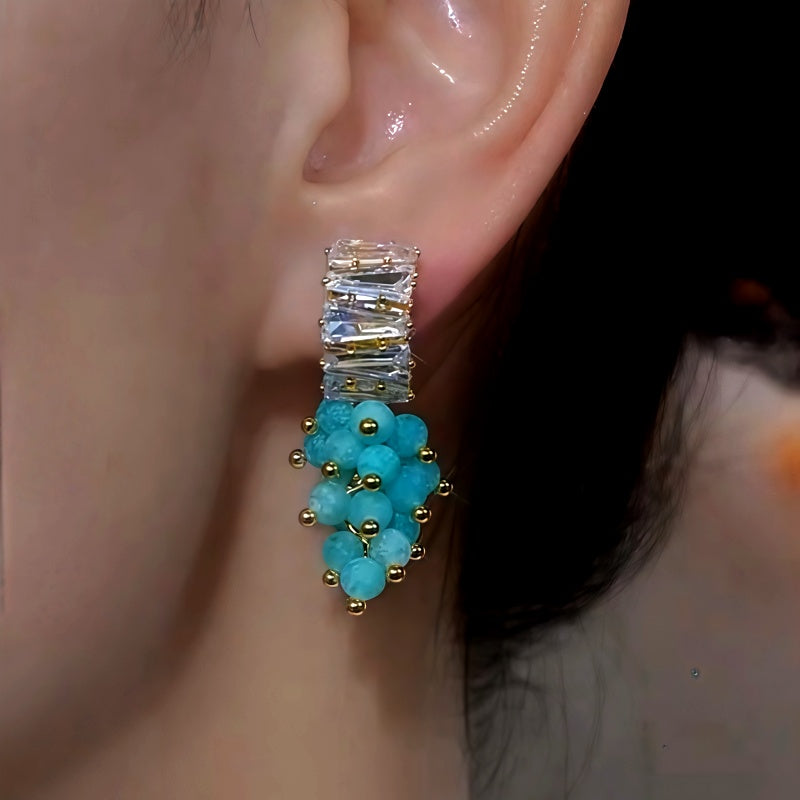 14K Gold-Plated Zircon Diamond Blue Beaded Tassel Earrings