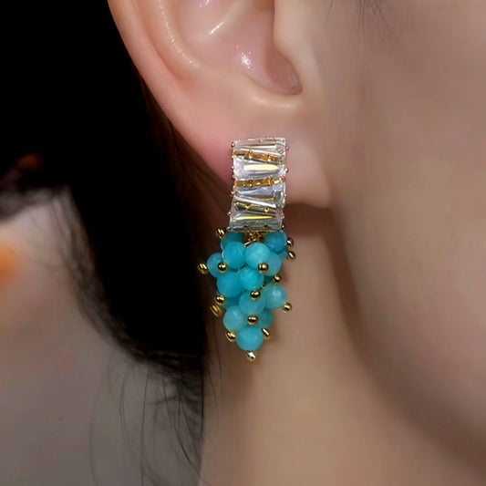 14K Gold-Plated Zircon Diamond Blue Beaded Tassel Earrings