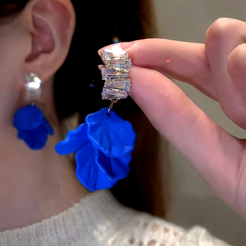 14K Gold-Plated Zircon Diamond Blue Petal Earrings