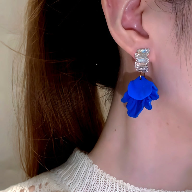 14K Gold-Plated Zircon Diamond Blue Petal Earrings