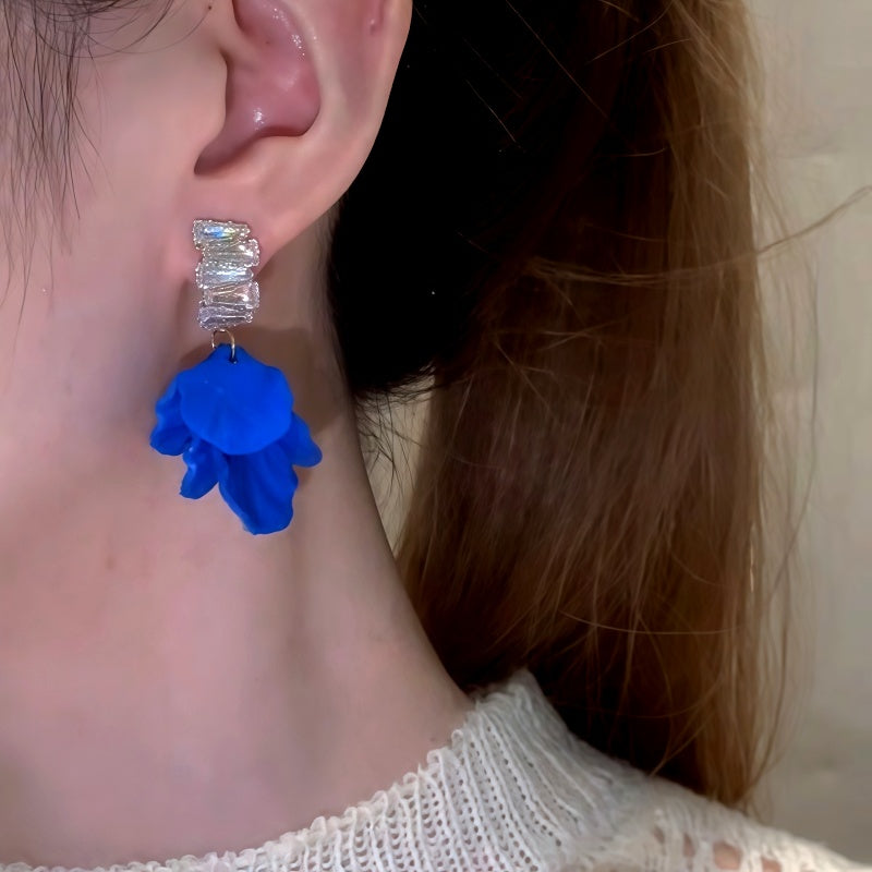 14K Gold-Plated Zircon Diamond Blue Petal Earrings