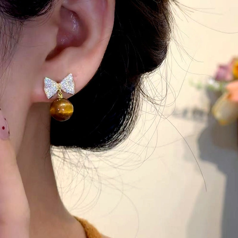 14K Gold-Plated Zircon Diamond Bow Cat's Eye Bead Earrings