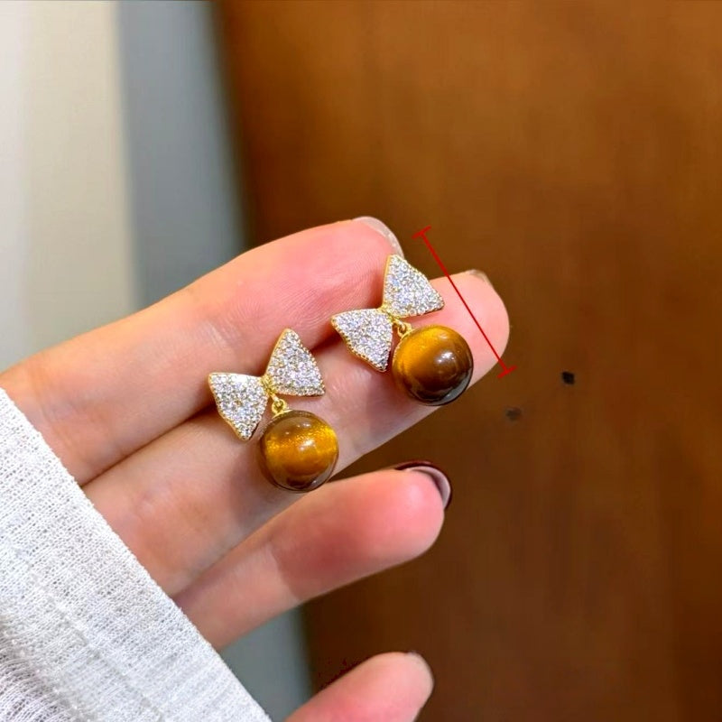 14K Gold-Plated Zircon Diamond Bow Cat's Eye Bead Earrings