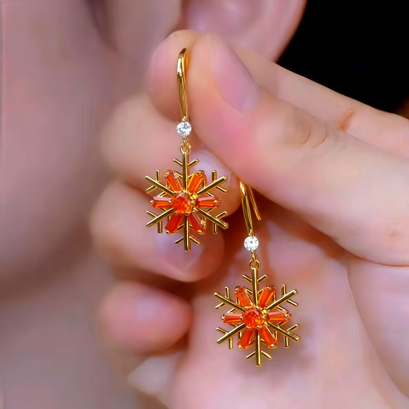 14K Gold-Plated Zircon Diamond Christmas Snowflake Ear Hook Earrings
