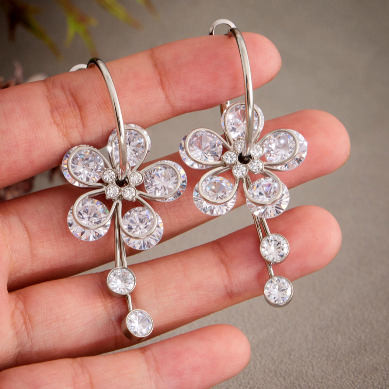 14K Gold-Plated Zircon Diamond Flower Earrings